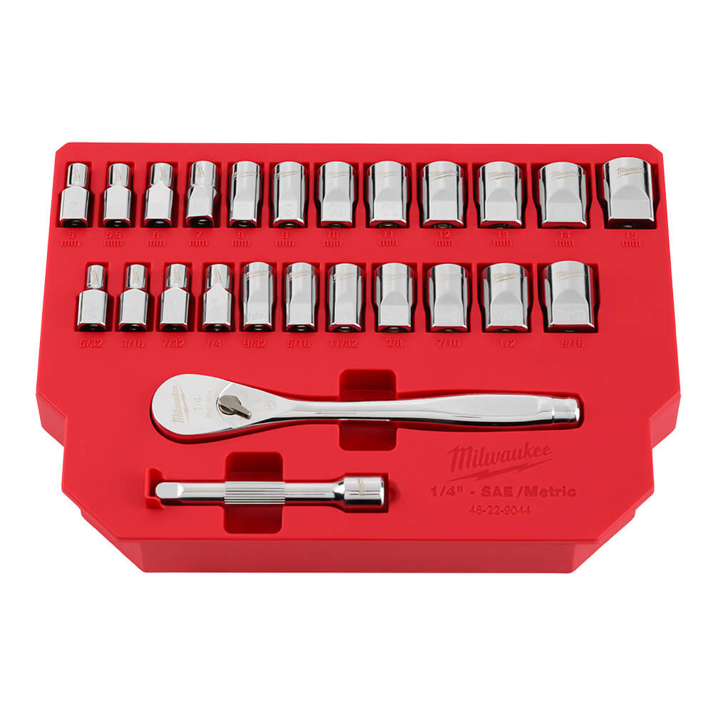 Milwaukee 1/4 in. drive Metric and SAE 25 Piece Mechanics Ratchet and Socket Set 90 teeth Mfr# 48-22-9044 - Ace Hardware