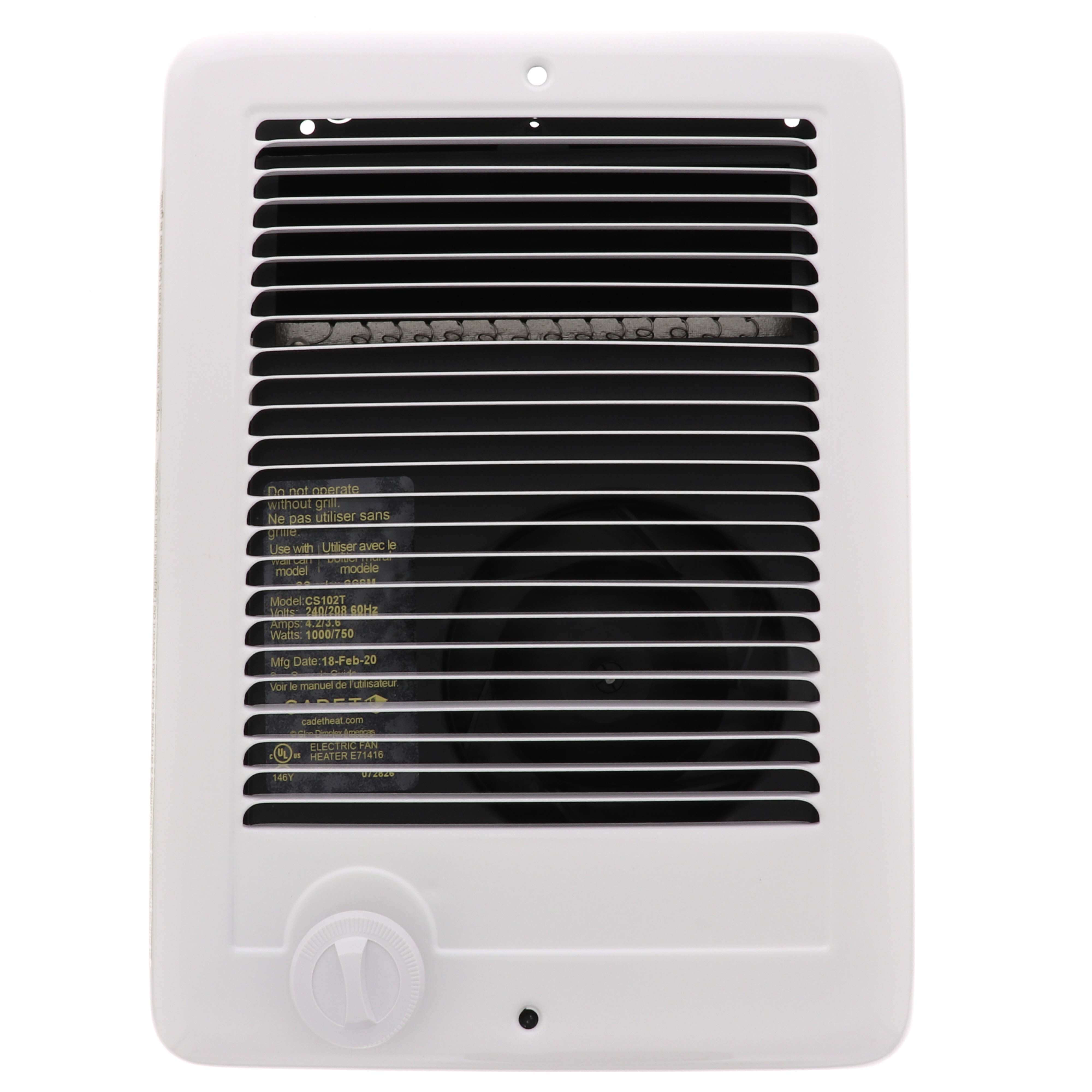 CSC102TW - Cadet CSC102TW - Com-Pak Plus White Wall Fan Heater, 1000/750  Watts (240V/208V)