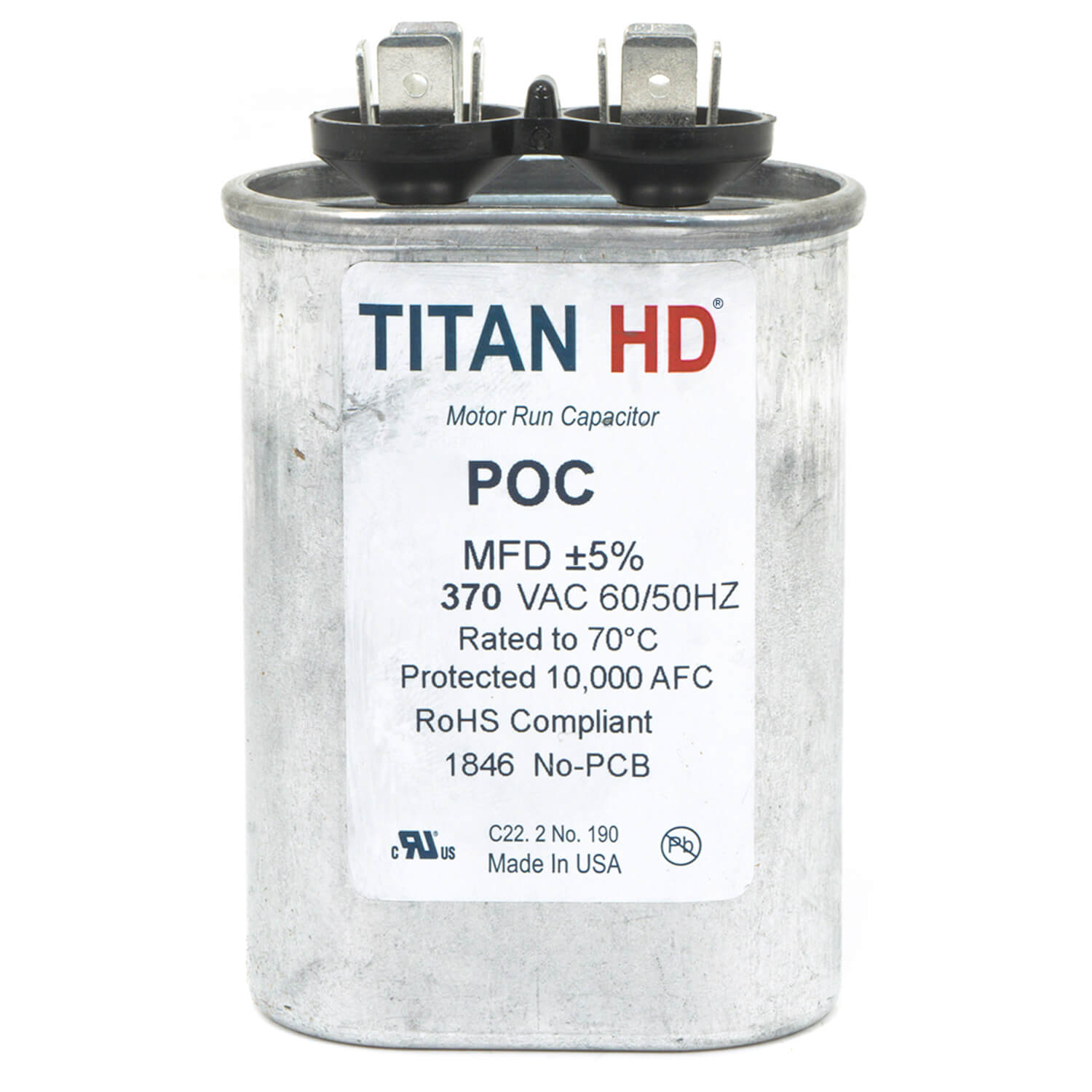 POC25A - Titan HD POC25A - 25 MFD Oval Motor Run Capacitor (370V) POC25A - Titan HD POC25A - 25 MFD Oval Motor Run Capacitor (370V)