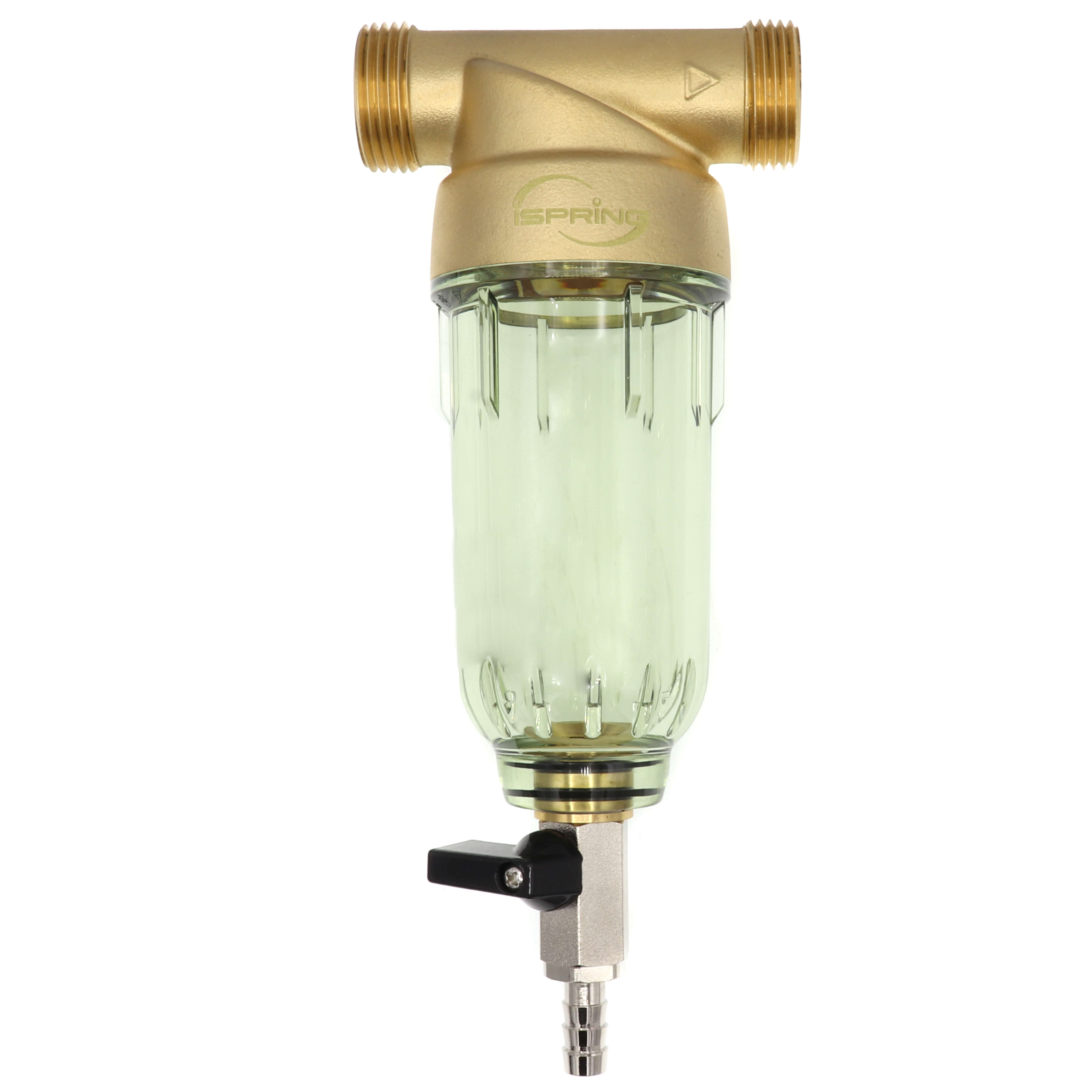 iSpring WSP50B Filtre à eau à sédiments réutilisable pour toute la maison, débit rapide avec grattoir intégré et boîtier transparent en laiton, 50 microns