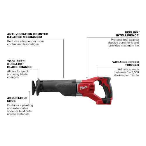 Milwaukee 2625-20 M18 Hackzall – 18V Cordless One-Handed Recip Saw, 3,000 SPM, Anti-Vibration Handle, Quik-Lok Blade Change, LED Light