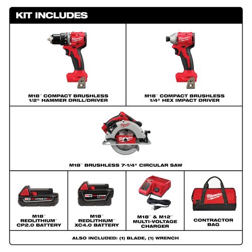 3693-23C - Milwaukee 3693-23C - M18 Brushless 3-Tool Combo Kit